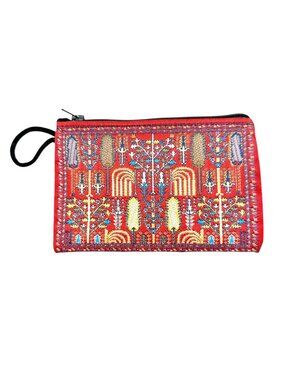 Handmade Red Tapestry Zipper Pouch With Floral Geometric Patterns Lightweight